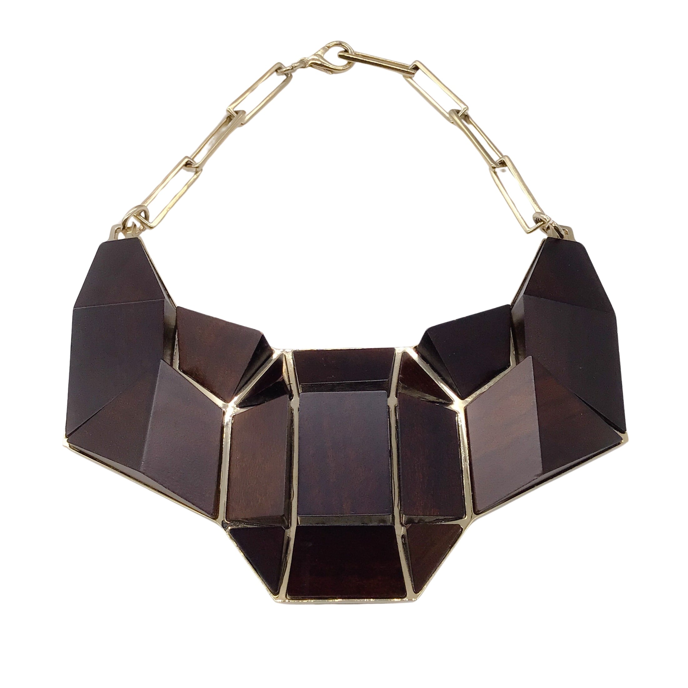 Gianfranco Ferre Vintage Brown / Gold Wood and Metal Geometric Necklace