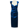 Load image into Gallery viewer, Talbot Runhof Blue Metallic Cap Sleeved Ruched Midi Cocktail Dress