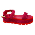 Load image into Gallery viewer, Chanel Pink / Red / Gold CC Logo Quilted Suede Calfskin Flat Platform Sandals
