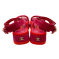 Load image into Gallery viewer, Chanel Pink / Red / Gold CC Logo Quilted Suede Calfskin Flat Platform Sandals