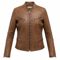 Load image into Gallery viewer, Rizal Brown Grommet and Stud Detail Zip Front Leather Jacket
