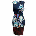 Load image into Gallery viewer, Yigal Azrouel Navy Blue Multi Printed Sleeveless Scuba Stretch Midi Dress
