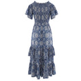 Load image into Gallery viewer, Borgo de Nor Blue / White Printed Short Sleeved Ruffled Tiered Cotton Midi Dress