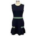 Load image into Gallery viewer, Christopher Kane Navy Blue Stretch Knit Peplum Hem Dress with Green Stripe Elastic