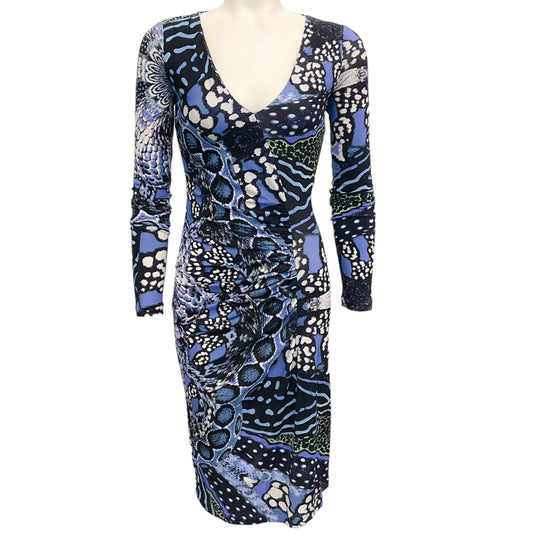 Roberto Cavalli Blue Multi Print Ruched Bodycon Dress