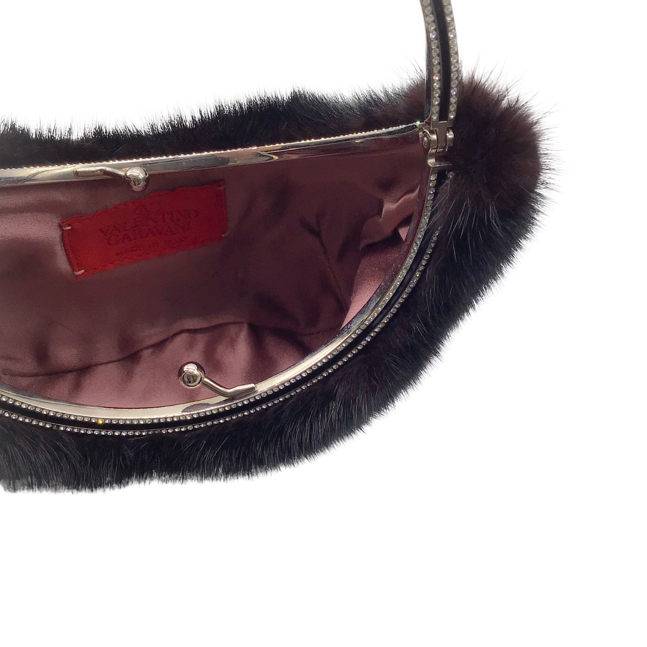 Valentino Crystal Embellished Mink Black Fur Clutch
