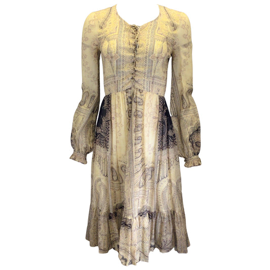 Etro Beige Multi Printed Long Sleeved Lace-Up Silk Dress