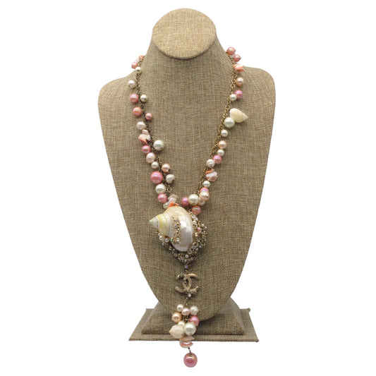 Chanel Pink / Ivory Cc Logo Seashell Pendant Crystal Embellished Imitation Pearl Long Necklace