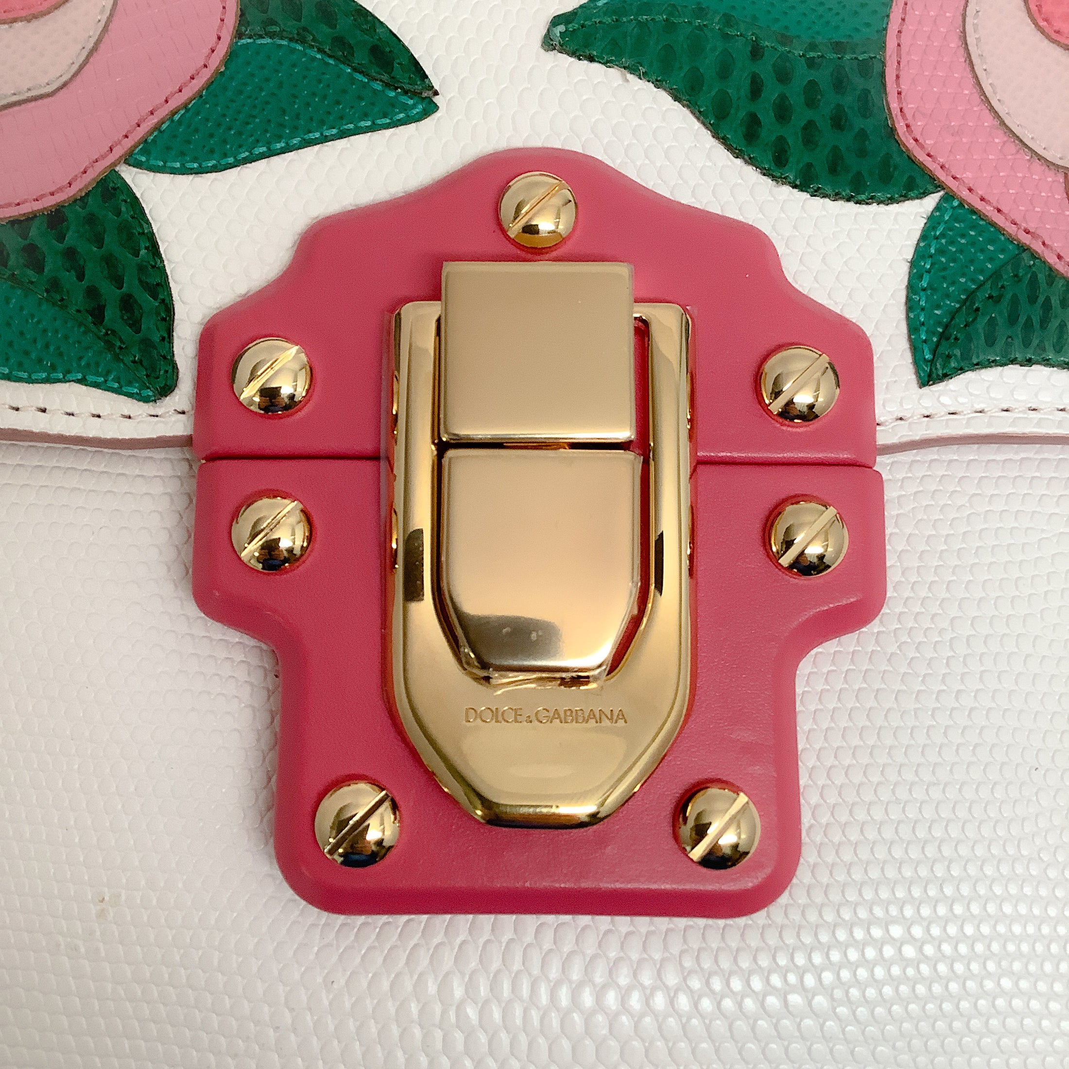 Dolce & Gabbana Pink Roses Lucia Ivory Lizard Skin Leather Shoulder Bag