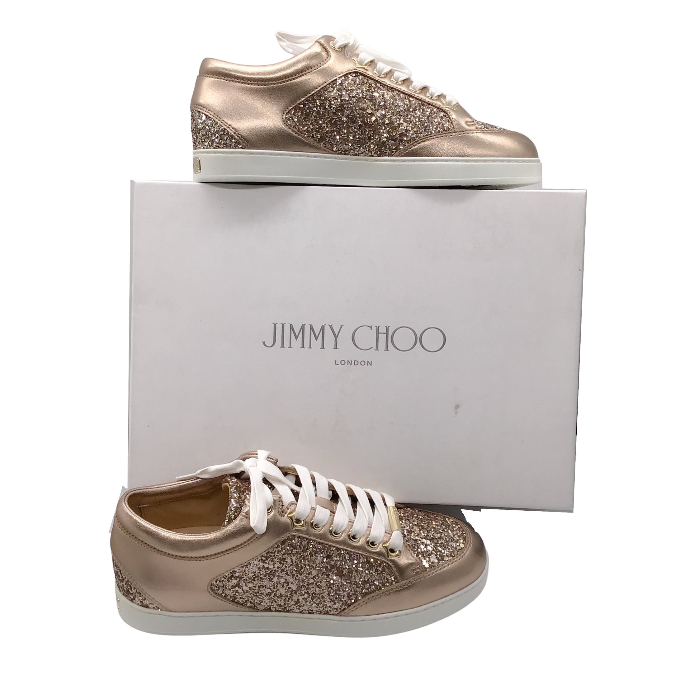 Jimmy Choo Bronze Metallic Miami Coarse Glitter Lace-Up Low Top Leather Sneakers in Ballet Pink