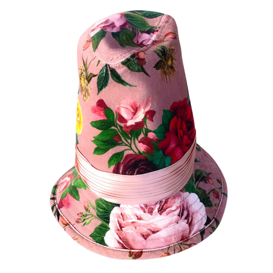 Dolce & Gabbana Pink Multi Bucket Floral Printed Wide Brimmed Velvet Hat