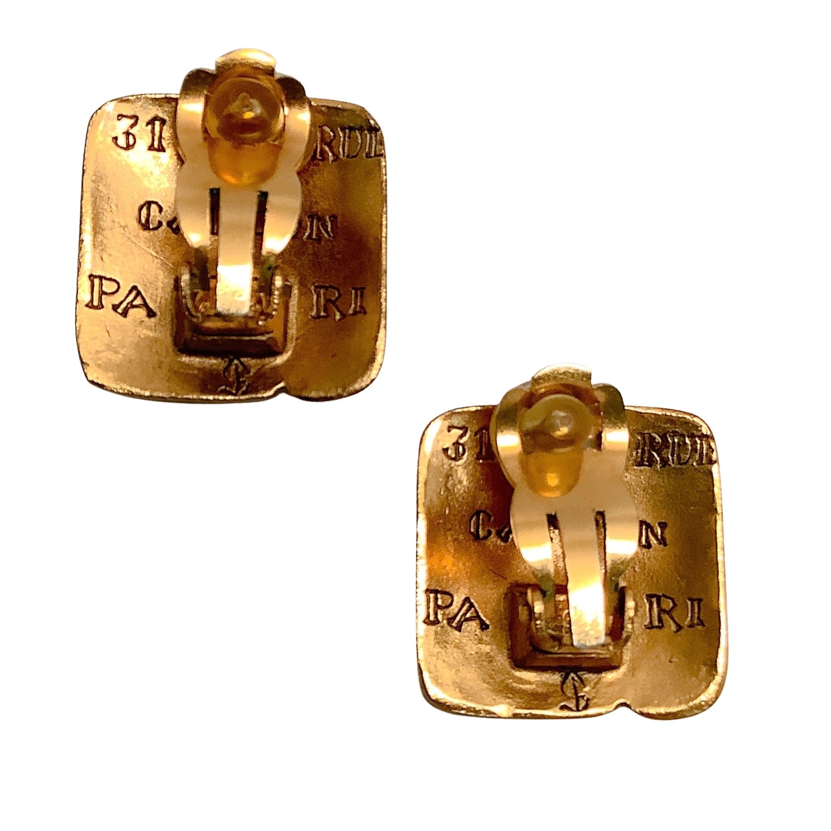 Chanel Gold / Gripoix 1999 Clip On Square Embossed Logo Earrings