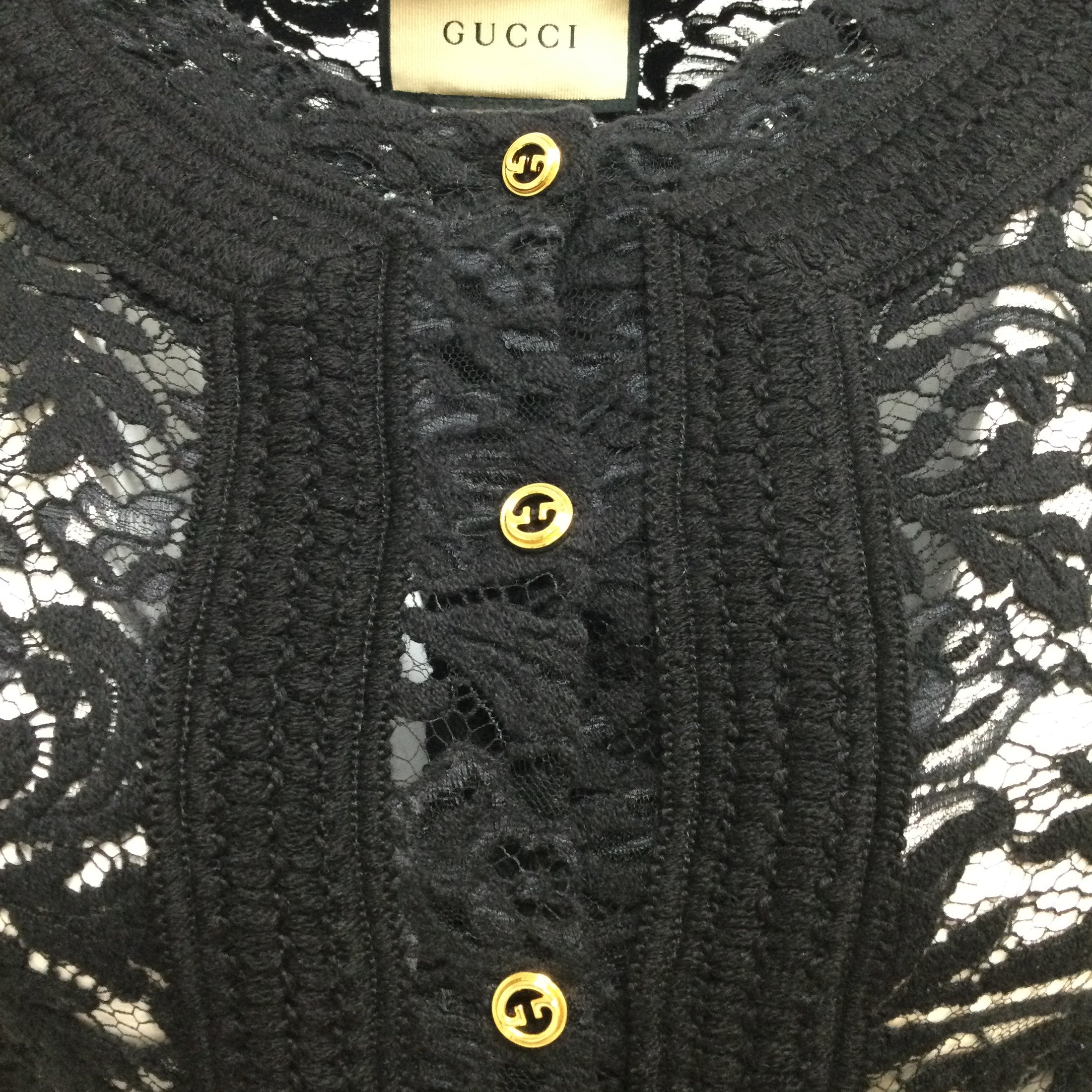 Gucci Black / Gold GG Logo Button Long Sleeved Lace Knit Cocktail Dress