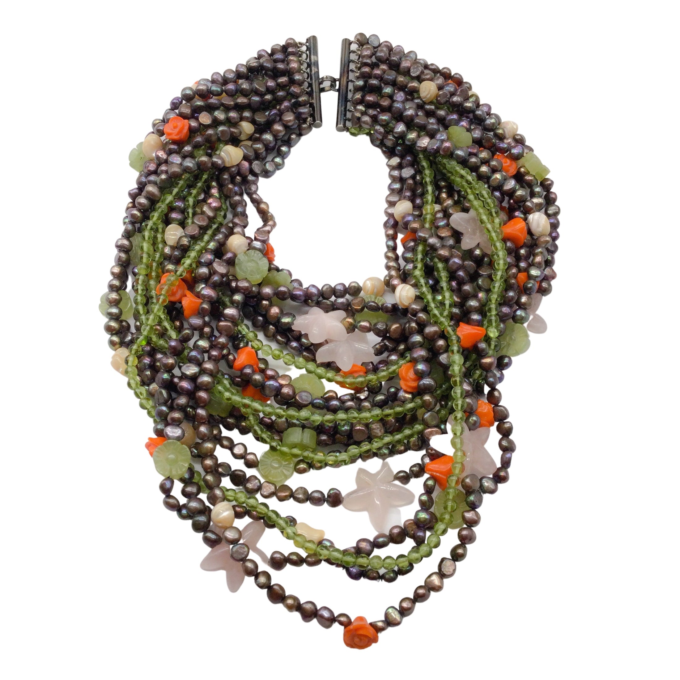 Green / Orange Multi Strand Floral and Star Beaded Necklace