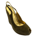 Load image into Gallery viewer, Yves Saint Laurent 'Myranda' Olive Green / Gold Metallic Leather Trimmed Peep Toe Slingback Suede Platform Wedge Shoes
