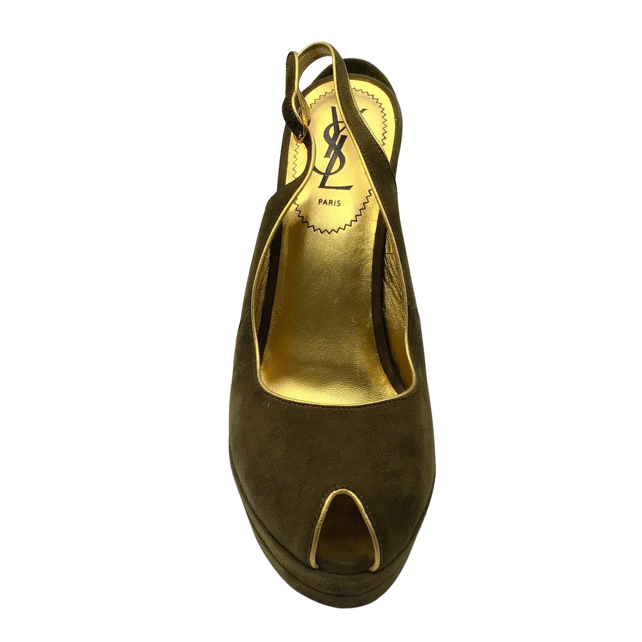 Yves Saint Laurent 'Myranda' Olive Green / Gold Metallic Leather Trimmed Peep Toe Slingback Suede Platform Wedge Shoes