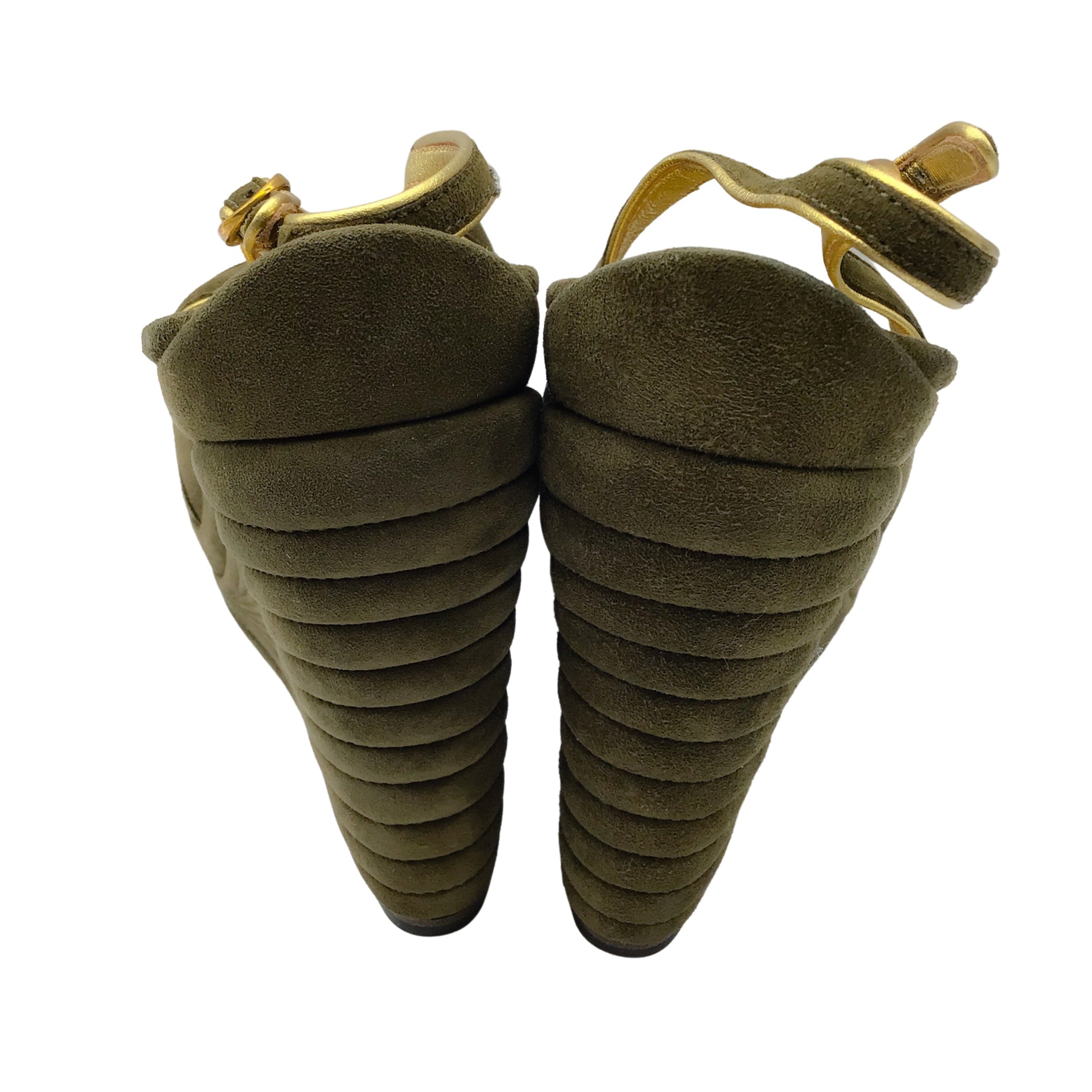 Yves Saint Laurent 'Myranda' Olive Green / Gold Metallic Leather Trimmed Peep Toe Slingback Suede Platform Wedge Shoes