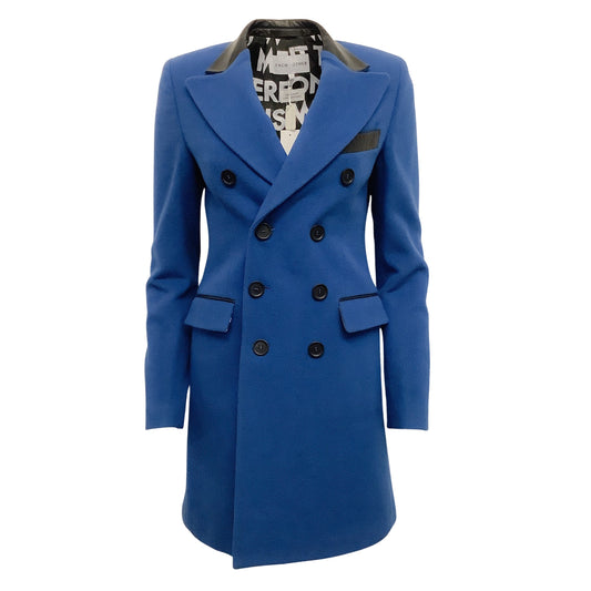 Each x Other Blue Wool and Cashmere Double Breasted Coat with Leather Trim