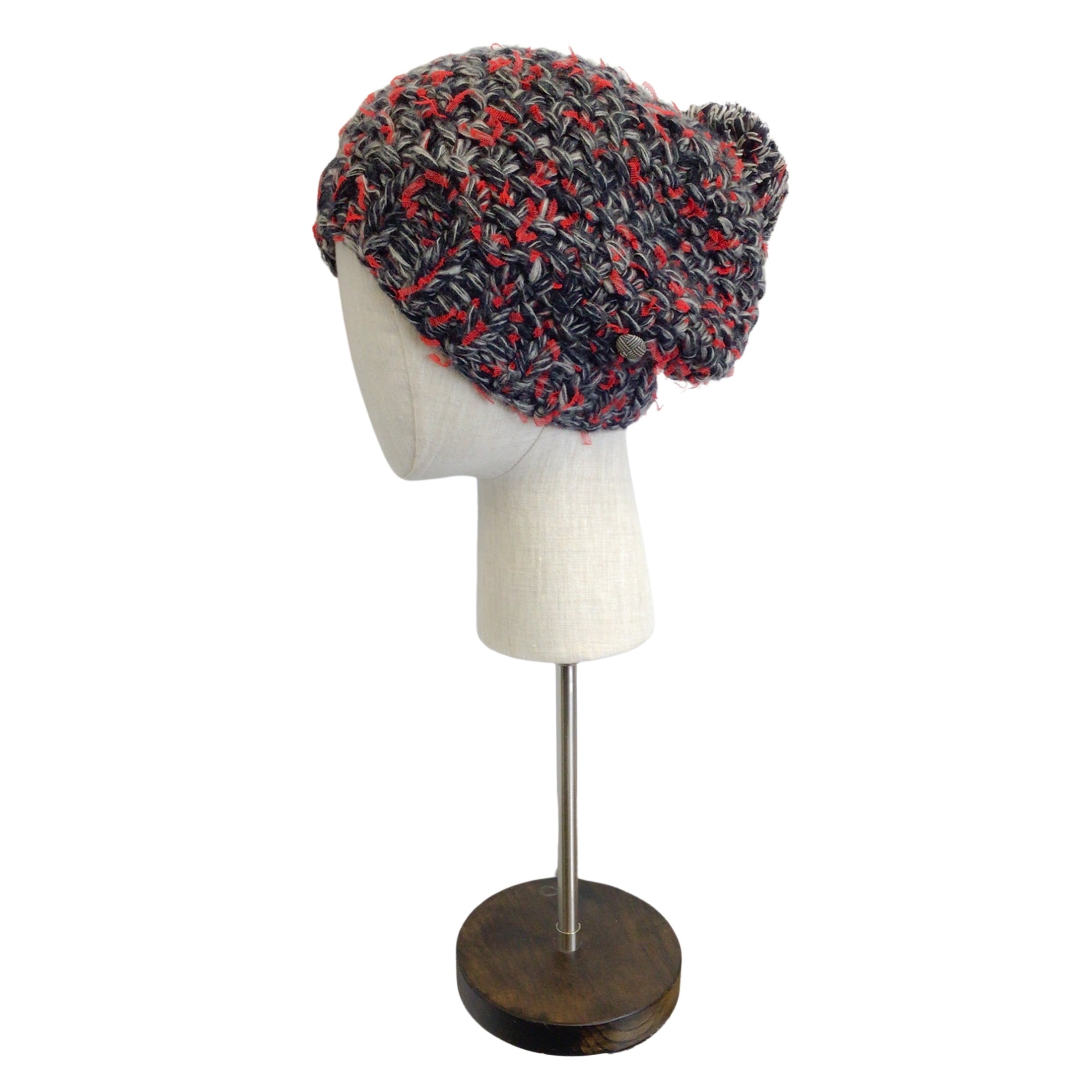 Chanel Red / Grey / Black Woven Cashmere and Silk Chunky Knit Pom Pom Beanie / Hat