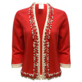 Load image into Gallery viewer, Chanel Pearl Embellished Braided Trim Long Sleeved Cashmere Knit Cardigan Poppy Red / Ivory Sweater