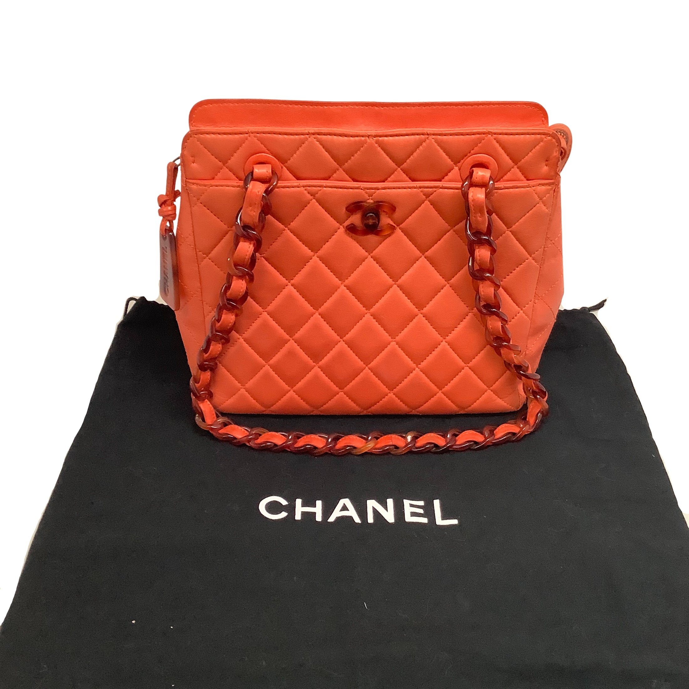 Chanel Vintage Orange Lambskin Leather Quilted Shoulder Bag with Tortoise Acrylic Hardware