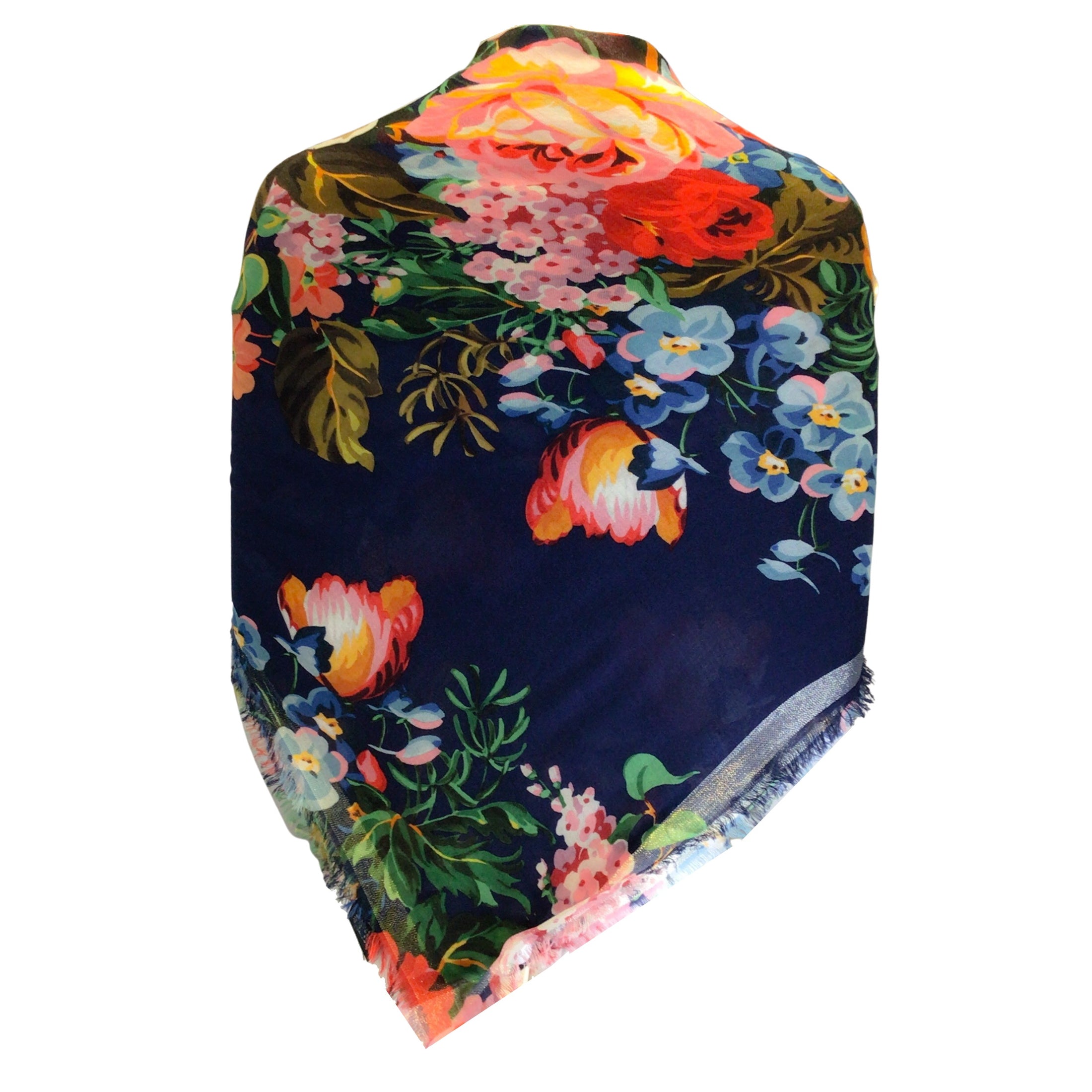 Gucci Navy Blue Multi Josephine Floral Printed Wool and Silk Scarf