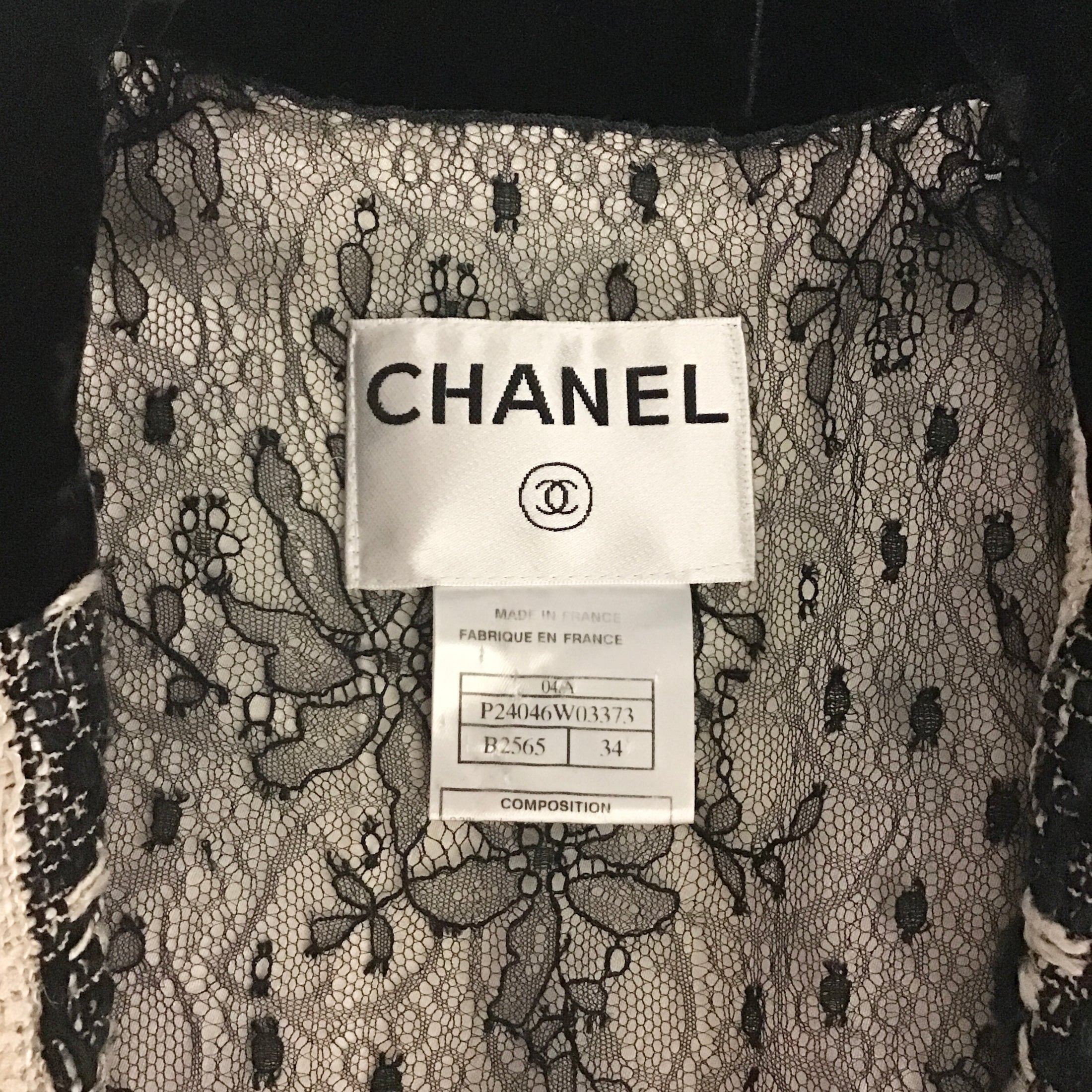 Chanel Ivory / Black Tweed with Velvet Collar Blazer
