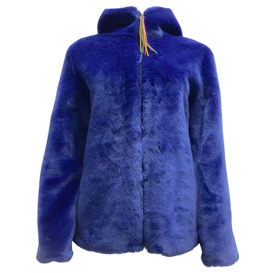 Mira Mikati Cobalt Blue Hooded Full Zip Faux Fur Jacket
