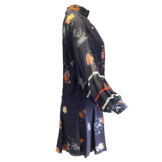 Erdem Black Floral Printed Long Sleeved Silk Chiffon Dress