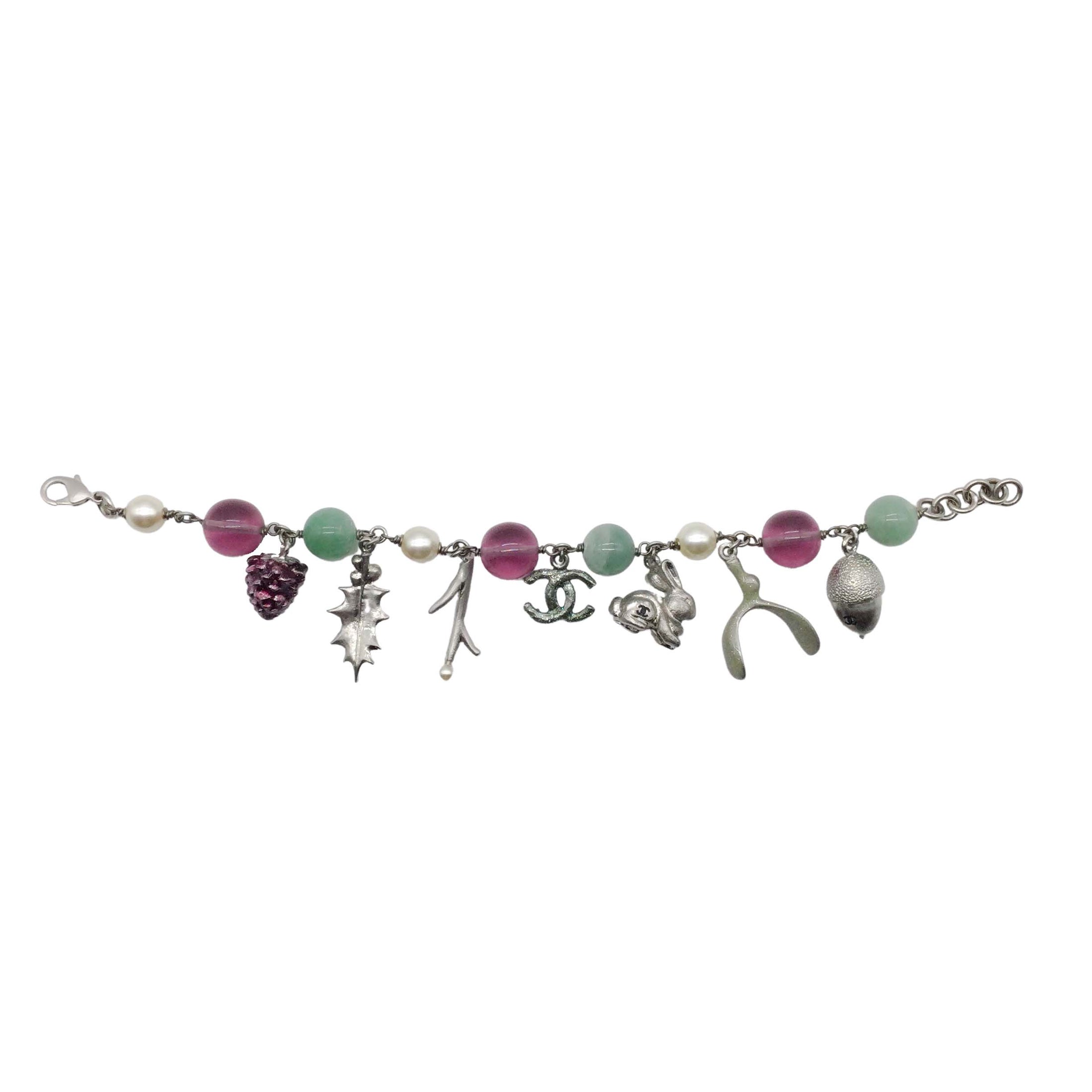 Chanel Silver Green/Purple Beaded Woodland Charm Fall 2005 Bracelet