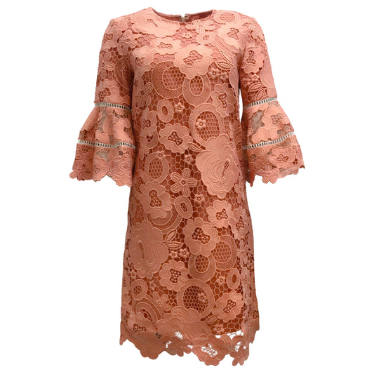 Lela Rose Peach Pink Bell Sleeved Floral Lace Cocktail Dress