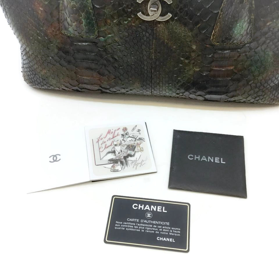 Chanel Green / Brown Multi Python Skin Cerf Tote