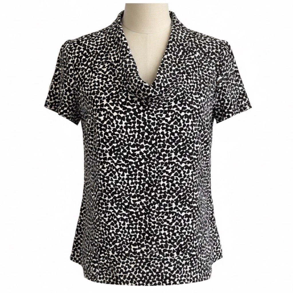 Saint Laurent Black / White Heart Print Short Sleeved Silk Blouse