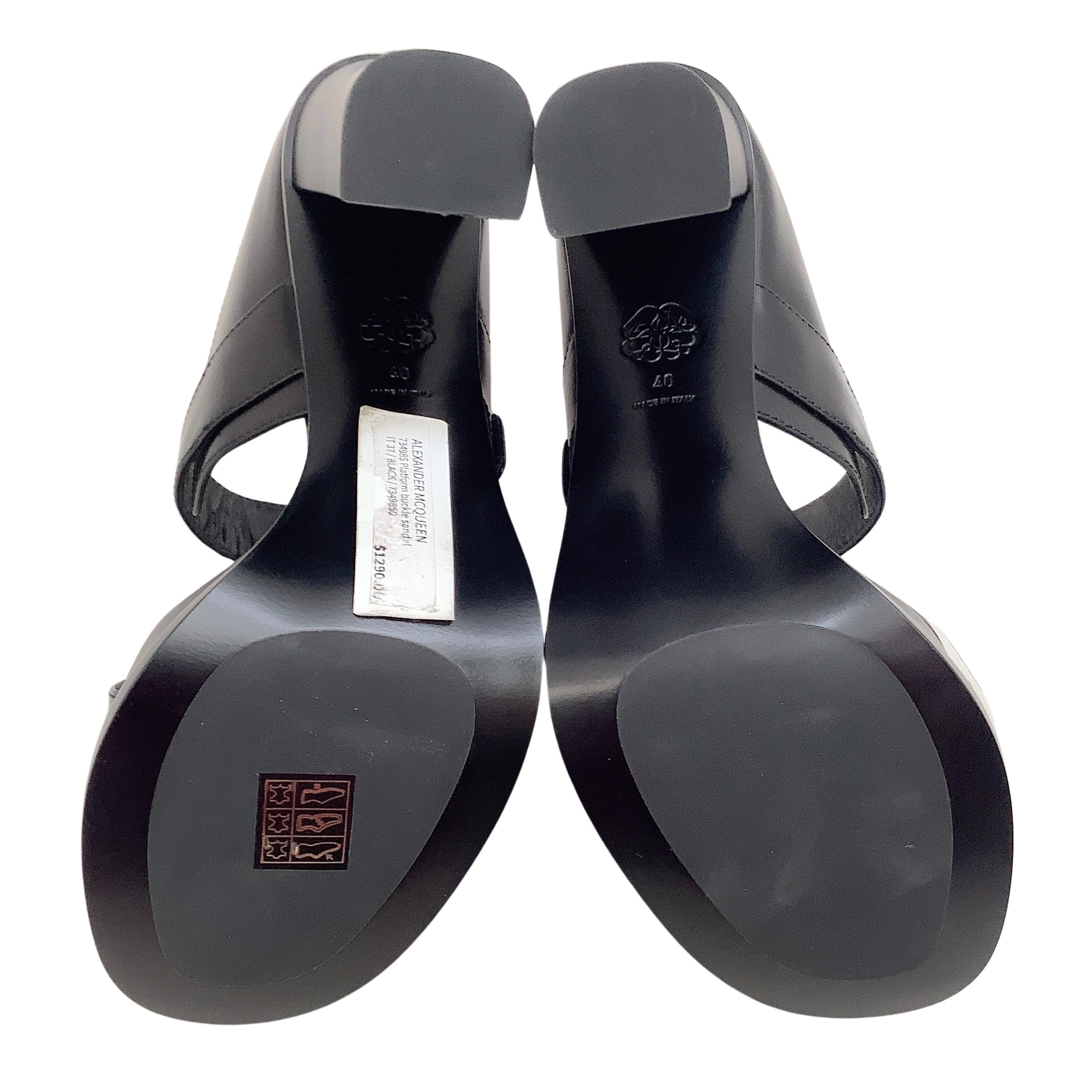 Alexander McQueen Black Leather Platform Sandals with Silver Buckles