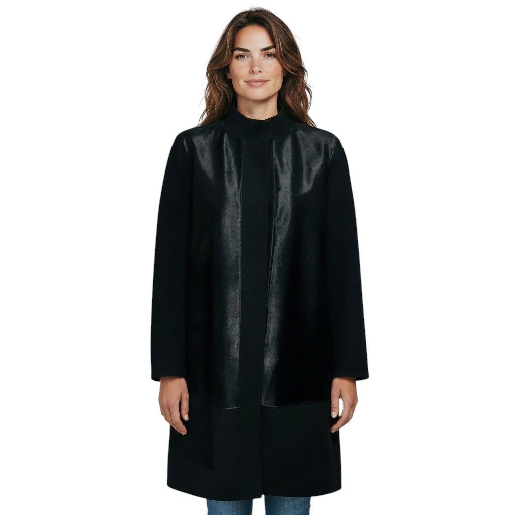 Vince Black Wool Coat with Calf Hair Trim