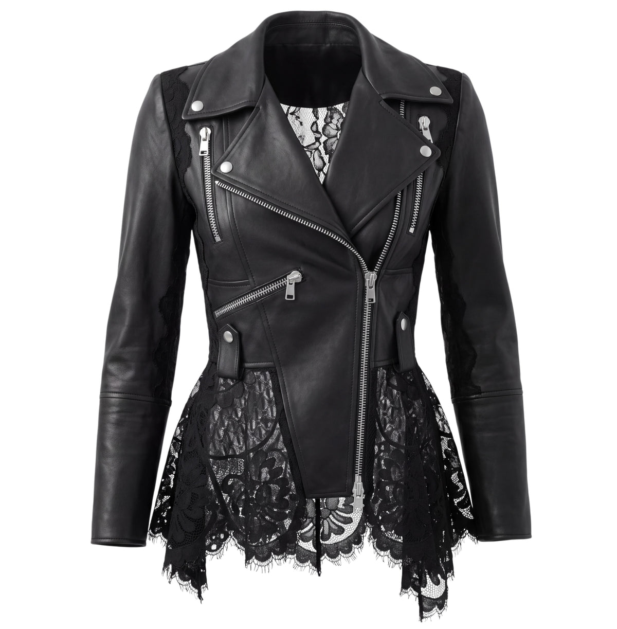 Alexander McQueen Black Lace Trimmed Leather Biker Jacket