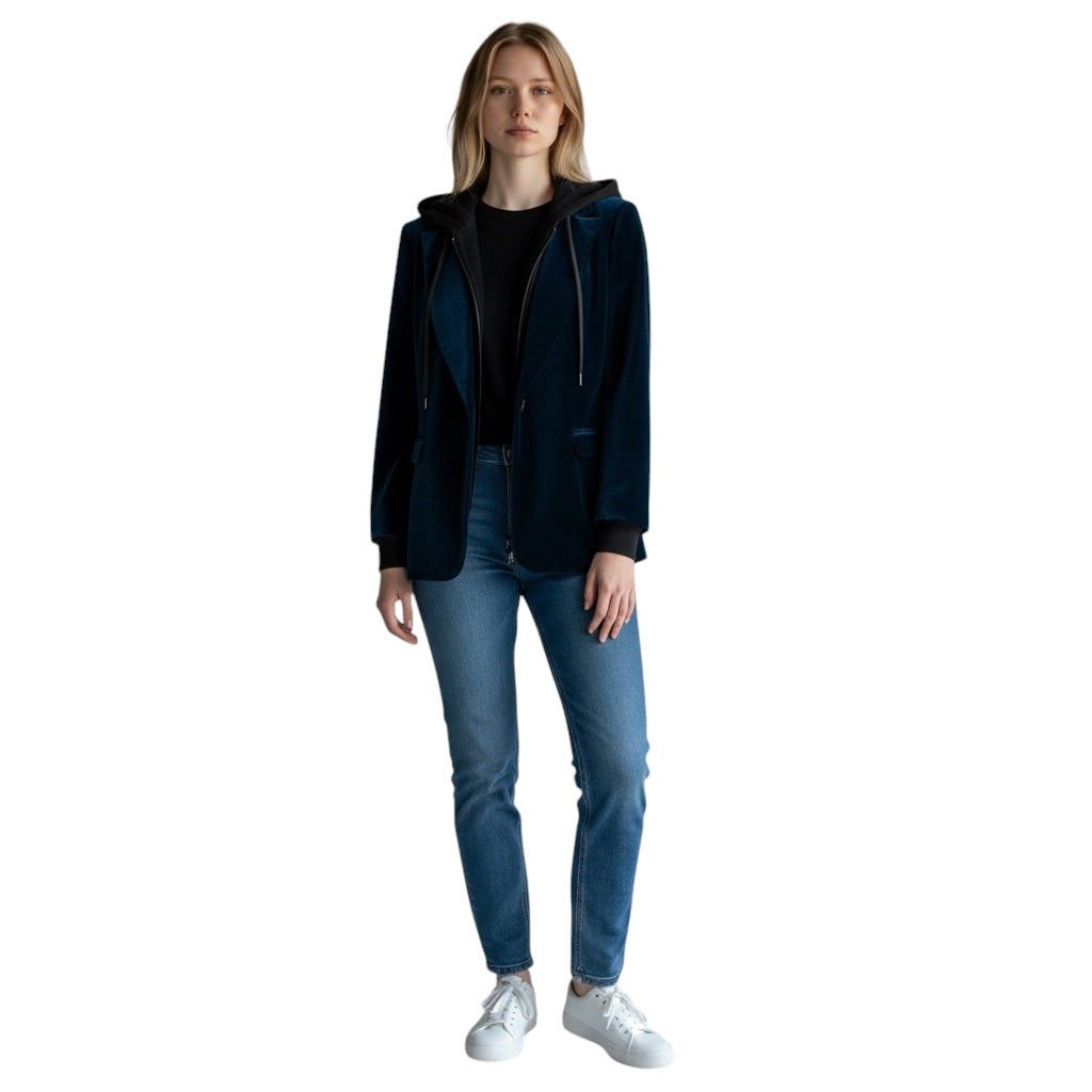 AO.LA by Alice + Olivia Navy Blue / Black Hooded Velvet and Cotton Blazer Jacket