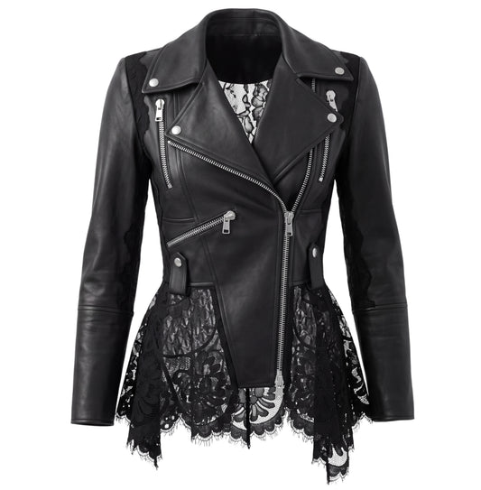 Alexander McQueen Black Lace Trimmed Leather Biker Jacket