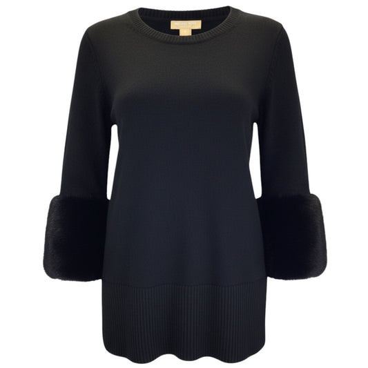 Michael Kors Collection Black Mink Cuffed Cashmere Pullover Sweater