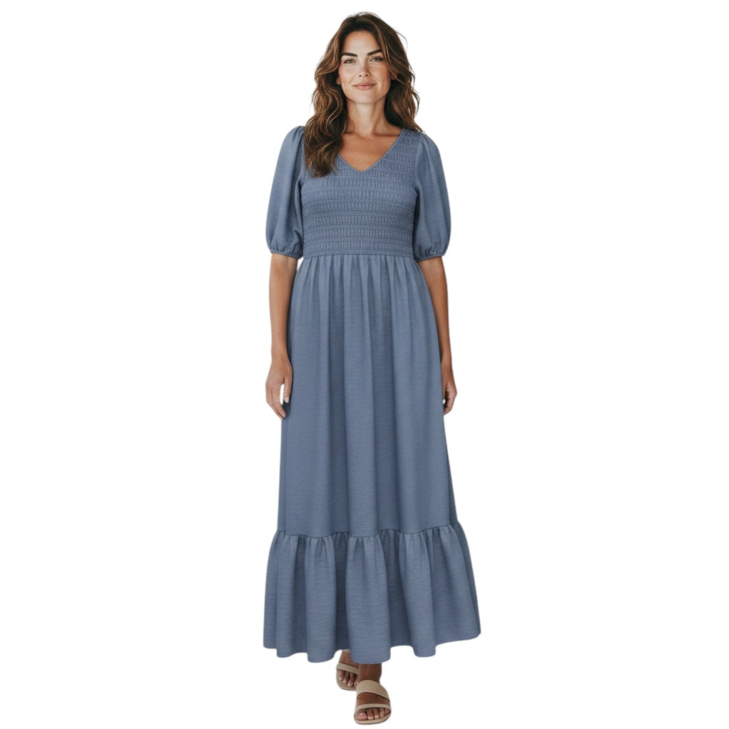Sea New York Slate Blue Short Sleeved Smocked Maxi Dress
