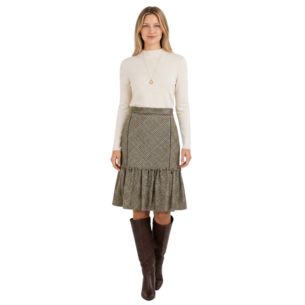 Oscar de la Renta Beige / Brown / Green Multi Houndstooth Plaid Cashmere Skirt