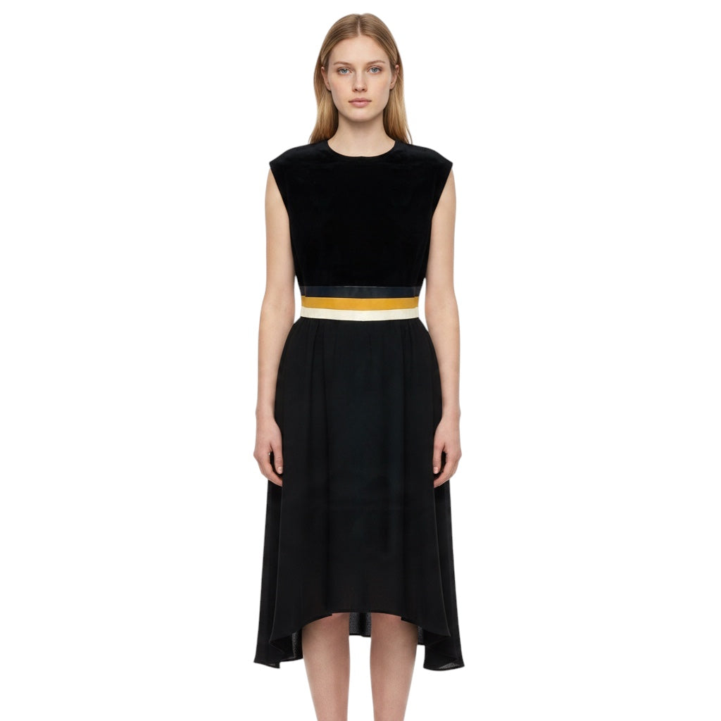 Derek Lam Black / Cream / Tan Sleeveless A-Line Dress with Tricolor Belt