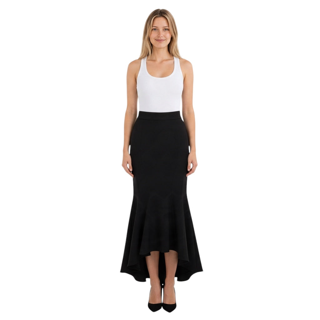 Alexandre Vauthier Black High Waisted High-Low Crepe Maxi Skirt with Flared Hem
