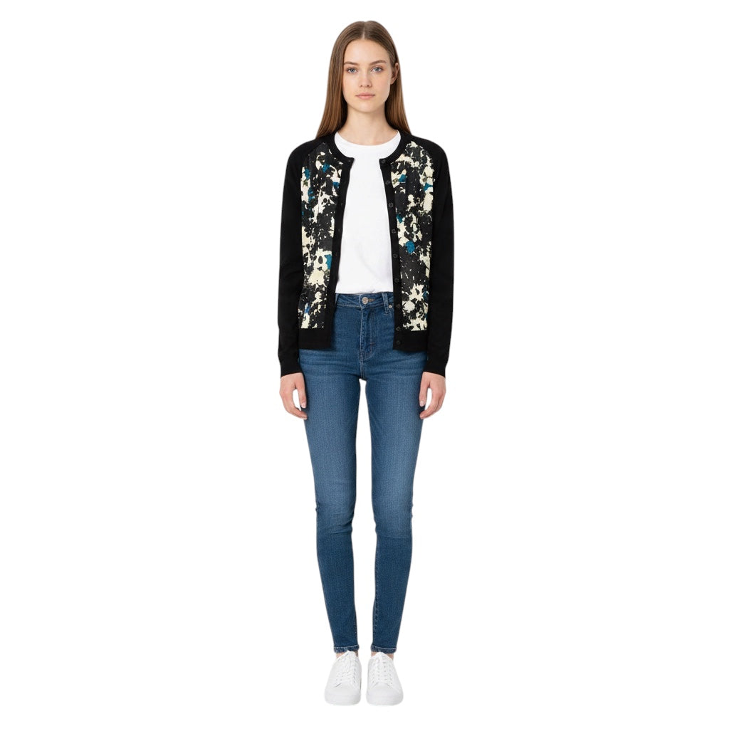 Erdem Black Multi Merino Wool and Cashmere Knit Cardigan Sweater with Silk Chiffon Scarf Print