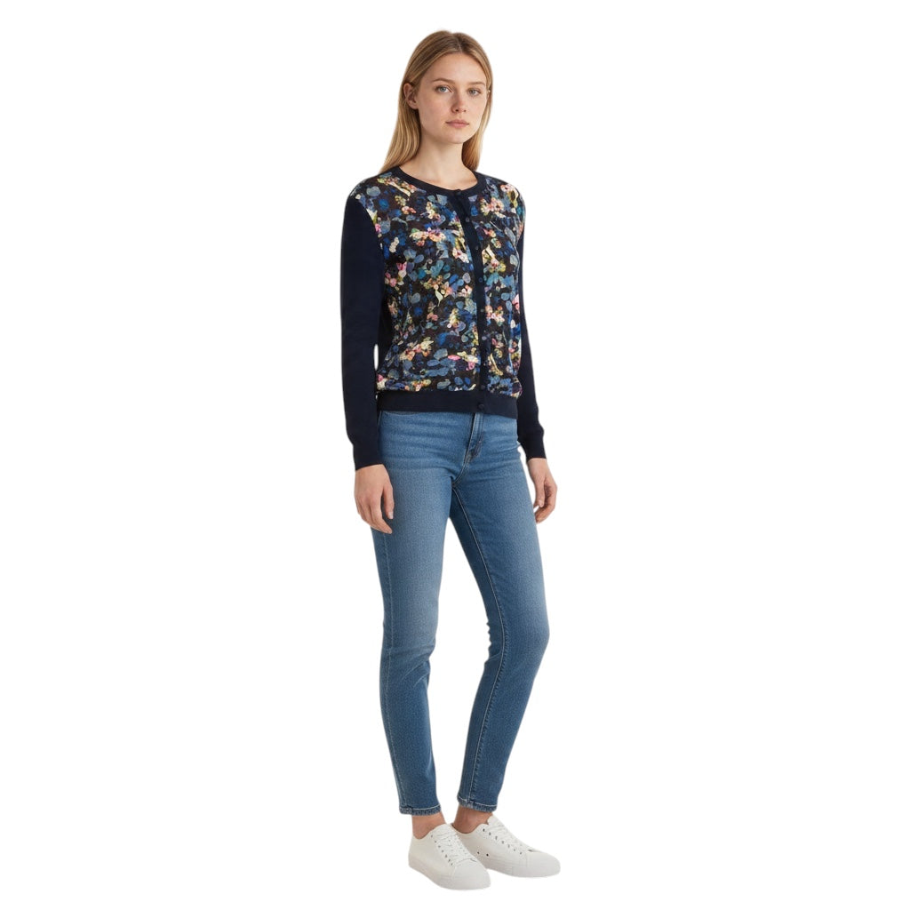 Erdem Navy Blue Multi Merino Wool and Cashmere Knit Cardigan Sweater with Silk Chiffon Scarf Print