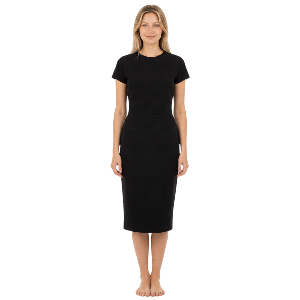 Victoria Beckham Black Short Sleeved Crepe Midi Dress with Zip Back
