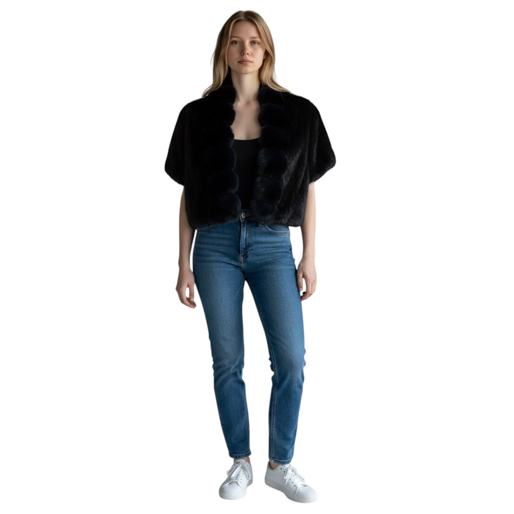 Oscar de la Renta Couture Navy Blue Cropped Mink Fur and Chinchilla Fur Jacket with Satin Lining