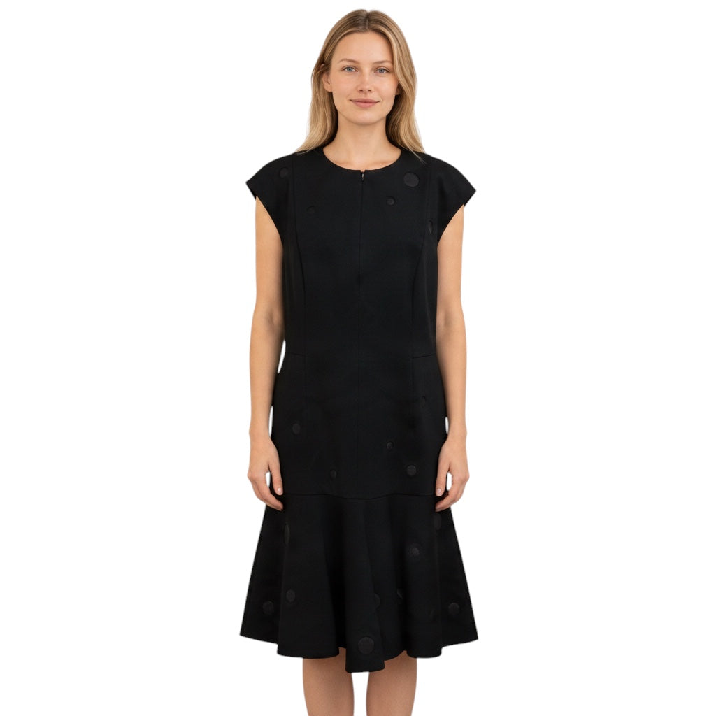 Akris Punto Black Mesh Tulle Dot Jersey Stretch Dress with Flared Hem