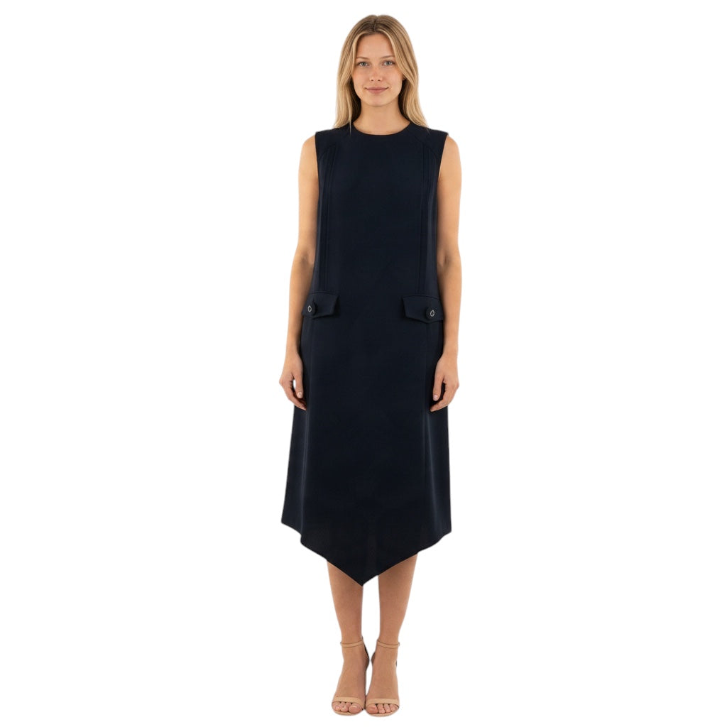 Prada Navy Blue Sleeveless Wool Midi Dress with Pockets and Pleated Detail