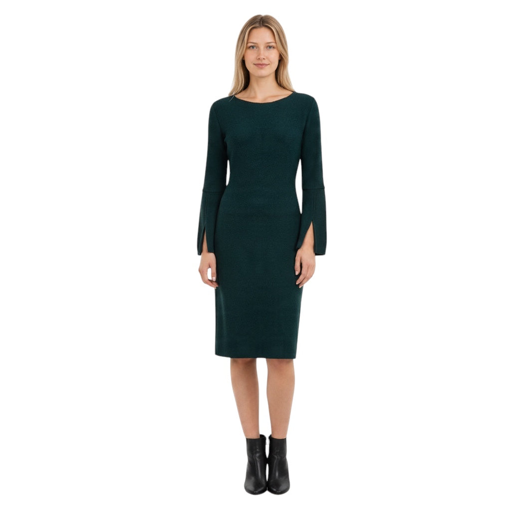 St. John Teal Green Long Sleeved Boucle Wool Knit Midi Dress with Slits